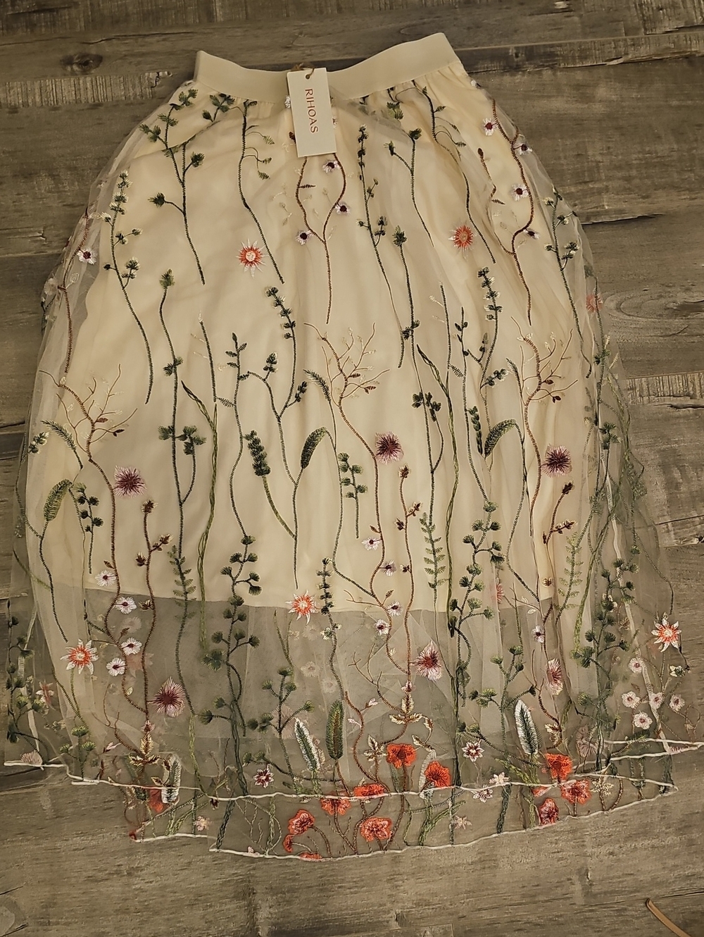 RIHOAS Cream Floral Embroidered Tulle Midi Skirt One Size BNWT